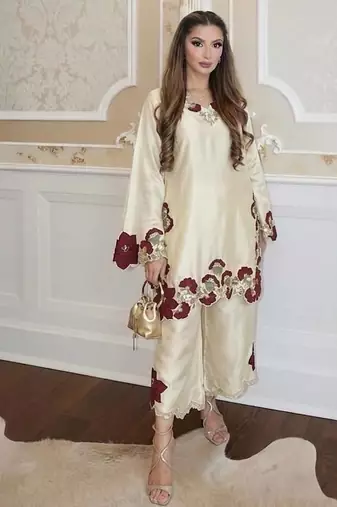 off white color embroidery sequence and multi work roman glass silk blend   kurta set
