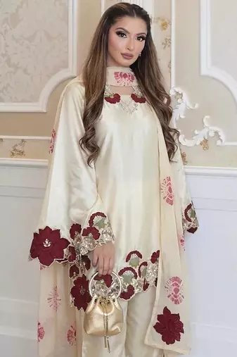 off white color embroidery sequence and multi work roman glass silk blend   kurta set