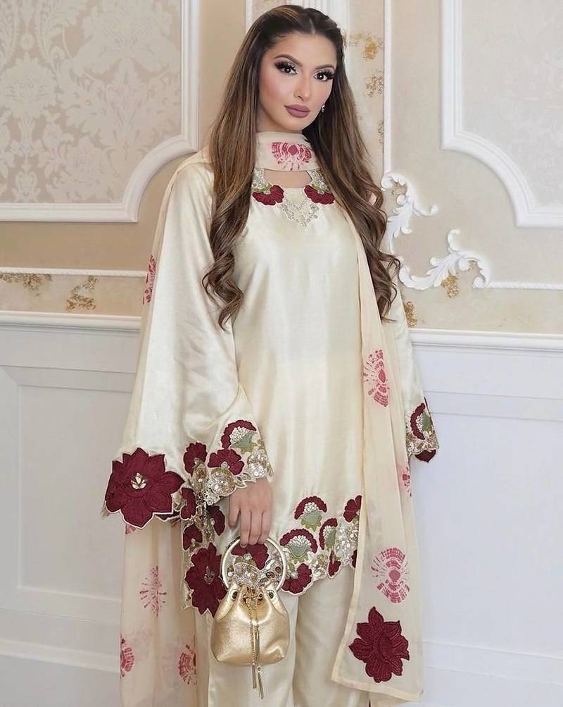 off white color embroidery sequence and multi work roman glass silk blend   kurta set