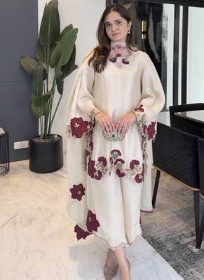 off white color embroidery sequence and multi work roman glass silk blend   kurta set 3