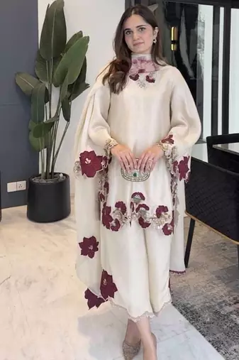 off white color embroidery sequence and multi work roman glass silk blend   kurta set