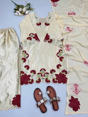 off white color embroidery sequence and multi work roman glass silk blend   kurta set 4