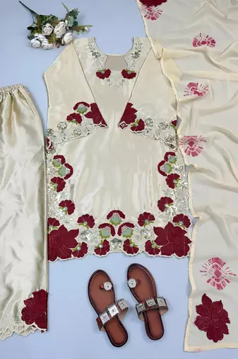 off white color embroidery sequence and multi work roman glass silk blend   kurta set