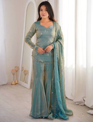 sea green color embroidery sequence work   silk blend   kurta set 1