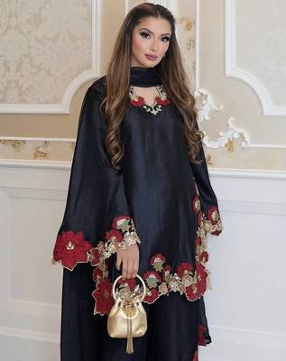 black color embroidery sequence and multi work roman glass silk blend   kurta set 1