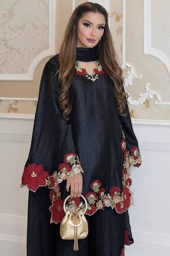 black embroidery sequence and multi roman glass silk blend kurta set
