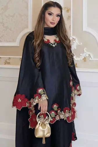 black color embroidery sequence and multi work roman glass silk blend   kurta set