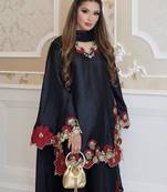 black color embroidery sequence and multi work roman glass silk blend   kurta set