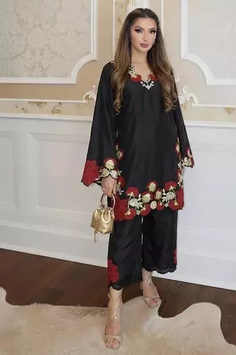 black color embroidery sequence and multi work roman glass silk blend   kurta set