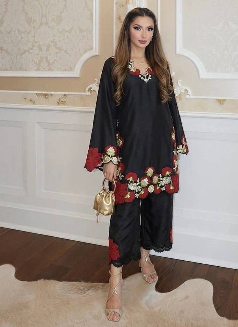 black color embroidery sequence and multi work roman glass silk blend   kurta set