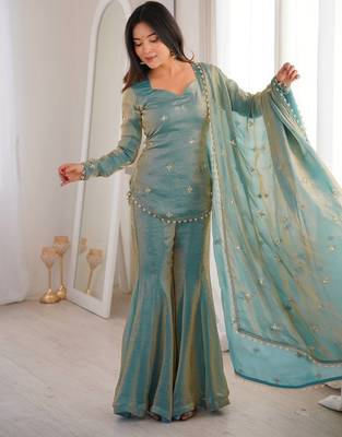 sea green color embroidery sequence work   silk blend   kurta set 2