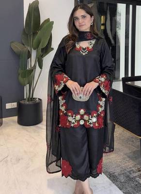 black color embroidery sequence and multi work roman glass silk blend   kurta set 3