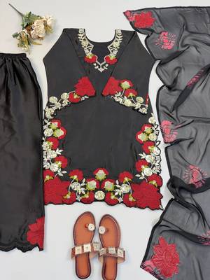 black color embroidery sequence and multi work roman glass silk blend   kurta set 4