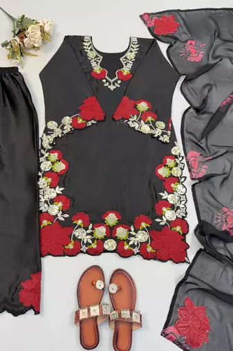black color embroidery sequence and multi work roman glass silk blend   kurta set