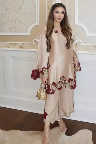 light pink color embroidery sequence and multi work roman glass silk blend   kurta set