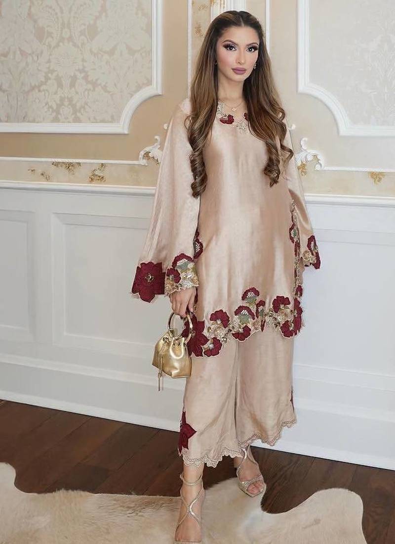 light pink color embroidery sequence and multi work roman glass silk blend   kurta set