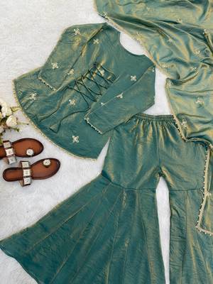 sea green color embroidery sequence work   silk blend   kurta set 4