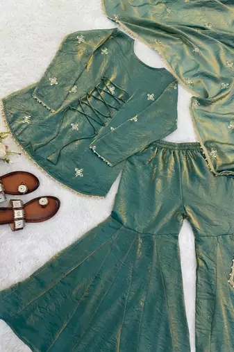 sea green color embroidery sequence work   silk blend   kurta set