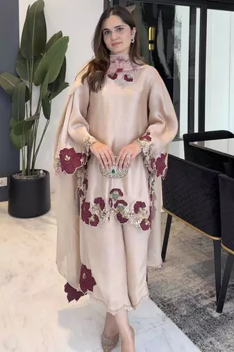 light pink color embroidery sequence and multi work roman glass silk blend   kurta set