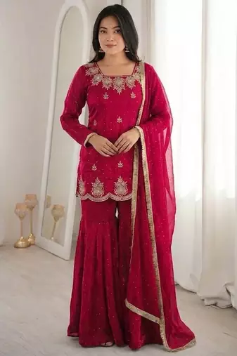 red color embroidery sequence work with zarkan diamond work   silk blend   kurta set