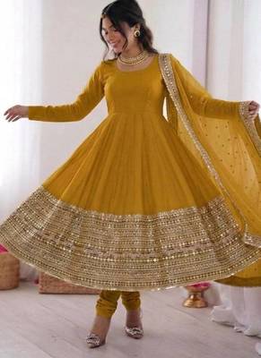 yellow color codding sequence work roman silk blend   anarkali gown set 2