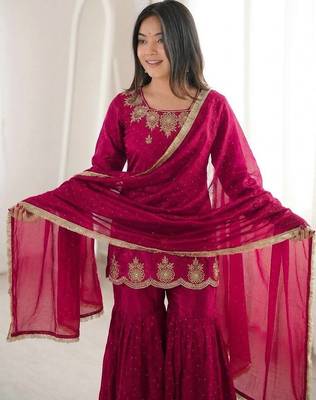 red color embroidery sequence work with zarkan diamond work   silk blend   kurta set 2