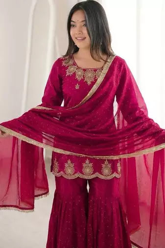 red color embroidery sequence work with zarkan diamond work   silk blend   kurta set