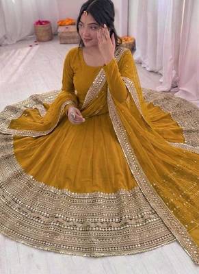 yellow color codding sequence work roman silk blend   anarkali gown set 3