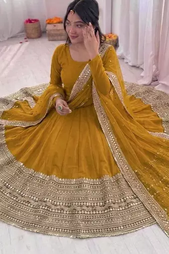 yellow color codding sequence work roman silk blend   anarkali gown set