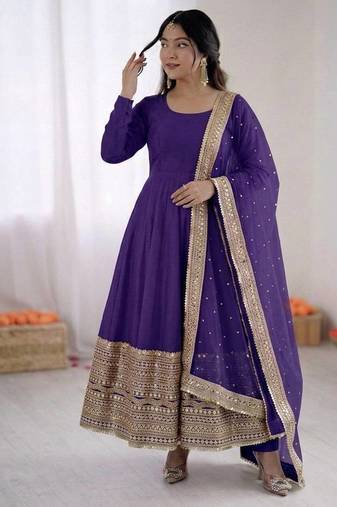 purple codding sequence roman silk blend anarkali gown set