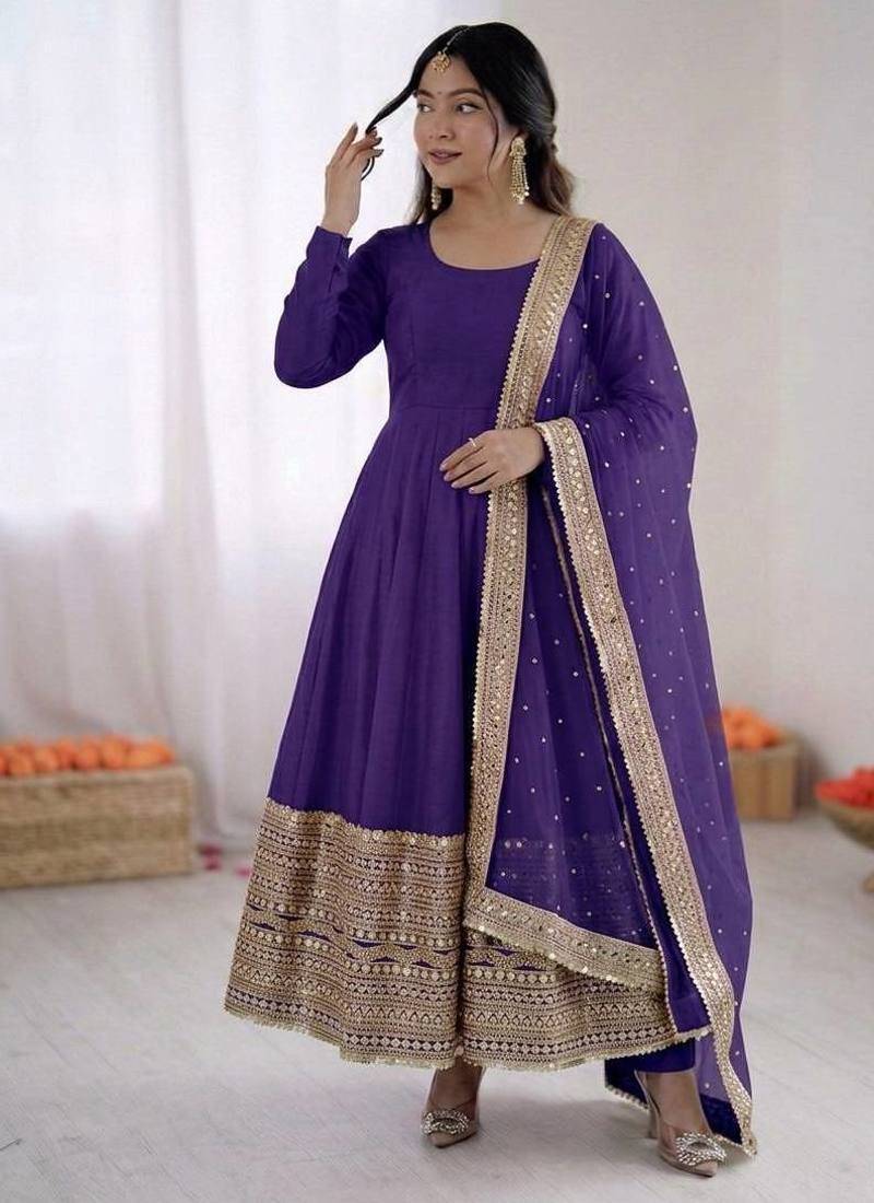 purple color codding sequence work roman silk blend   anarkali gown set