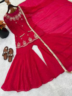 red color embroidery sequence work with zarkan diamond work   silk blend   kurta set 4