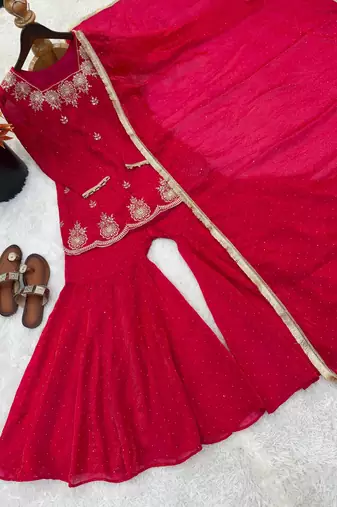 red color embroidery sequence work with zarkan diamond work   silk blend   kurta set