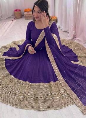 purple color codding sequence work roman silk blend   anarkali gown set 3