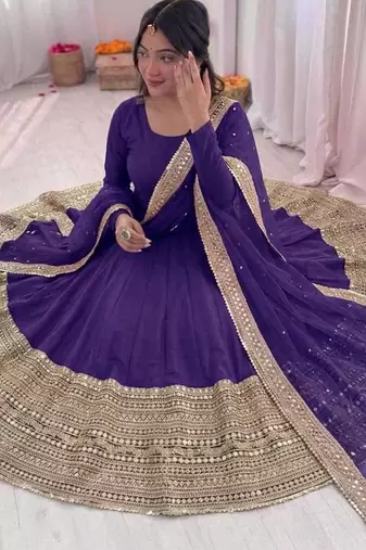 purple color codding sequence work roman silk blend   anarkali gown set