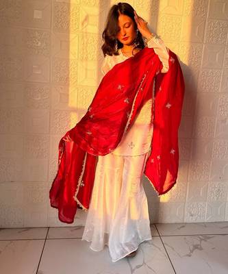 red color embroidery sequence work   silk blend   kurta set 1