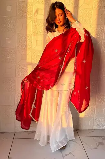 red color embroidery sequence work   silk blend   kurta set