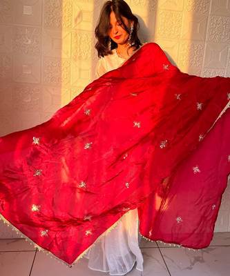 red color embroidery sequence work   silk blend   kurta set 2