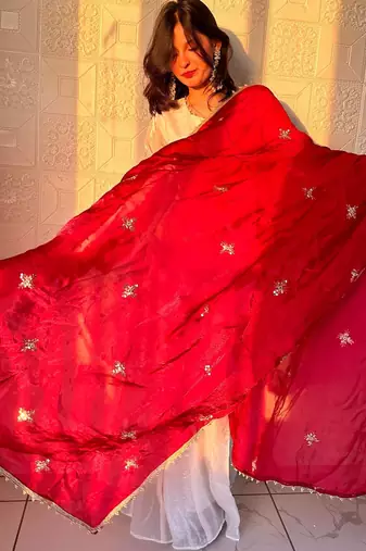red color embroidery sequence work   silk blend   kurta set