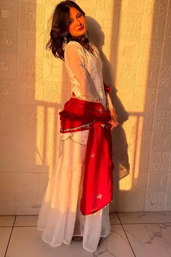 red color embroidery sequence work   silk blend   kurta set