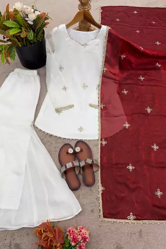 red color embroidery sequence work   silk blend   kurta set