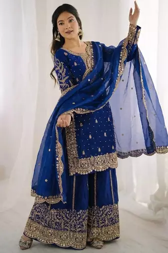 blue color embroidery coding and sequence work   silk blend   kurta set
