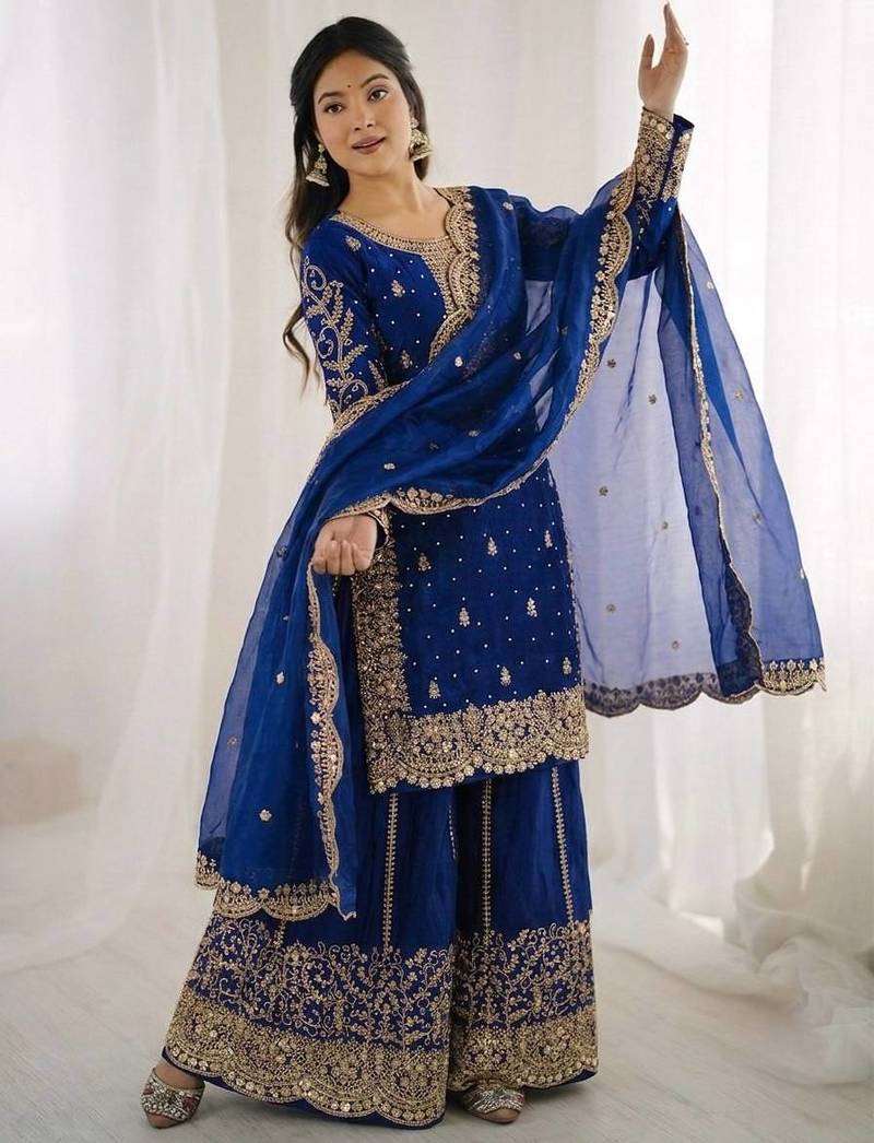 blue color embroidery coding and sequence work   silk blend   kurta set