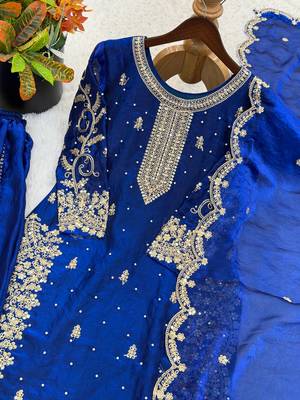 blue color embroidery coding and sequence work   silk blend   kurta set 4