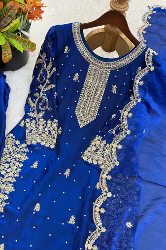 blue color embroidery coding and sequence work   silk blend   kurta set