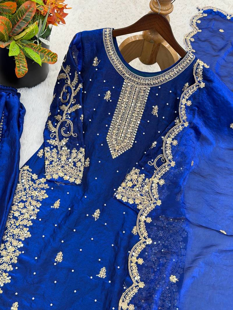 blue color embroidery coding and sequence work   silk blend   kurta set