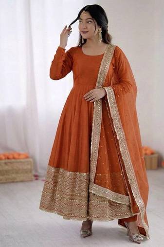 orange codding sequence roman silk blend anarkali gown set