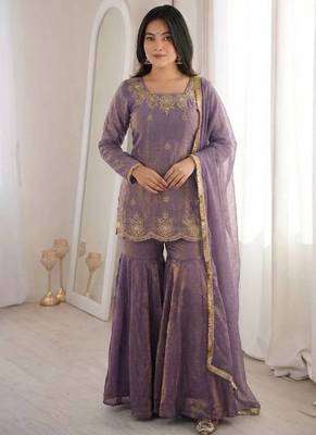 lavender color embroidery sequence work with zarkan diamond work   silk blend   kurta set 1
