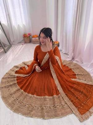 orange color codding sequence work roman silk blend   anarkali gown set 3