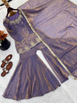 lavender color embroidery sequence work with zarkan diamond work   silk blend   kurta set 4